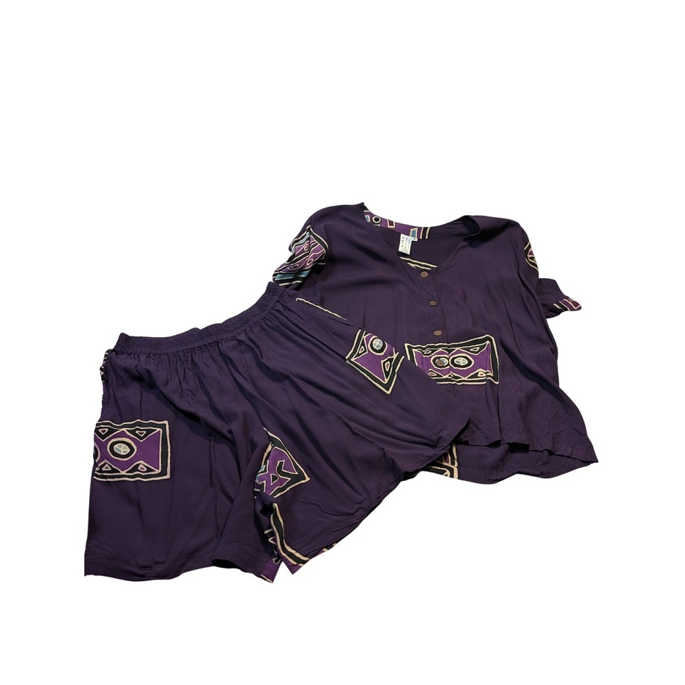 Bali Batiks Women Resortwear Set XL Purple Geometric Short Sleeve Shorts Rayon